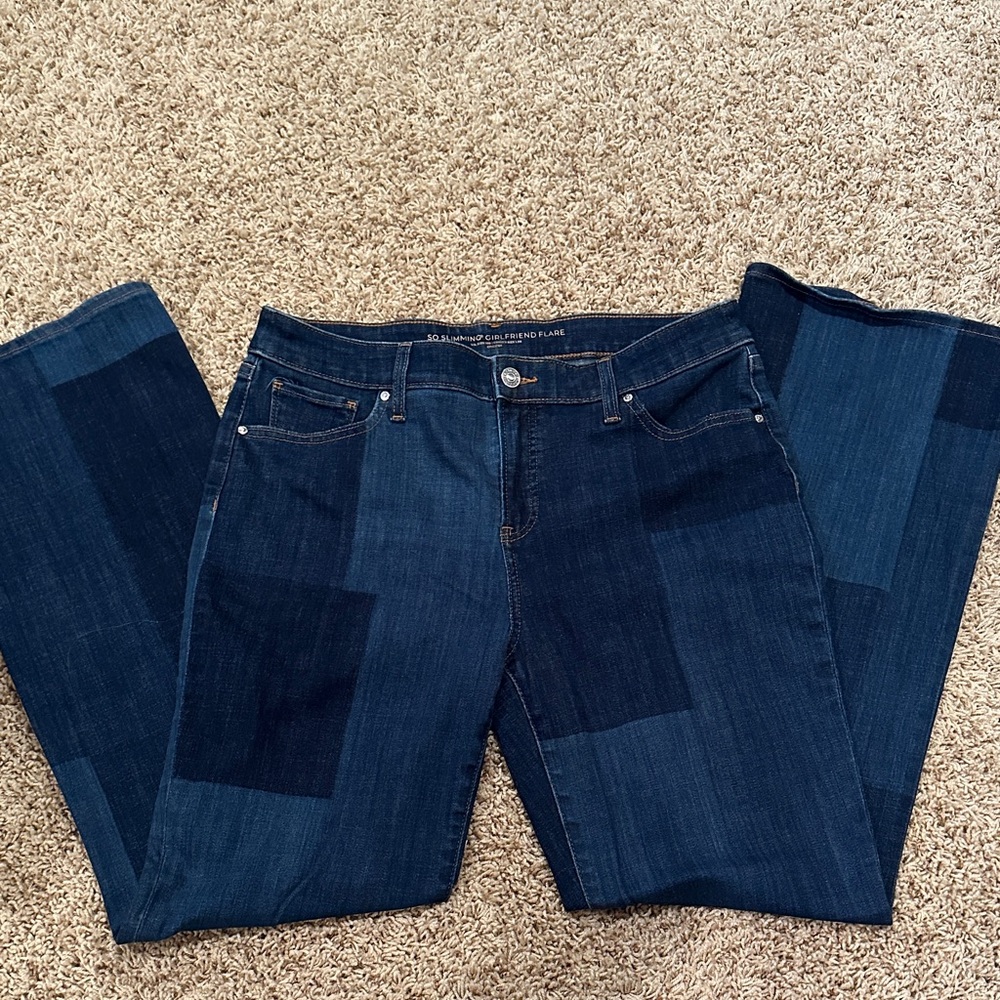 Chico’s So Slimming Girlfriend Flare Women's Blue Patchwork Jeans